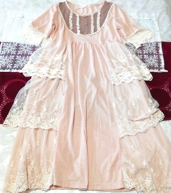 Pink princess lace short sleeve long maxi tunic nightgown dress, tunic, short sleeve, medium size