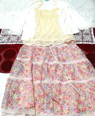 White haori gown yellow lace camisole pink lace skirt negligee nightgown, fashion, ladies' fashion, nightwear, pajamas