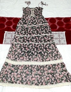 黒花柄白レースシフォンキャミソールマキシワンピース Black floral white lace chiffon camisole maxi dress