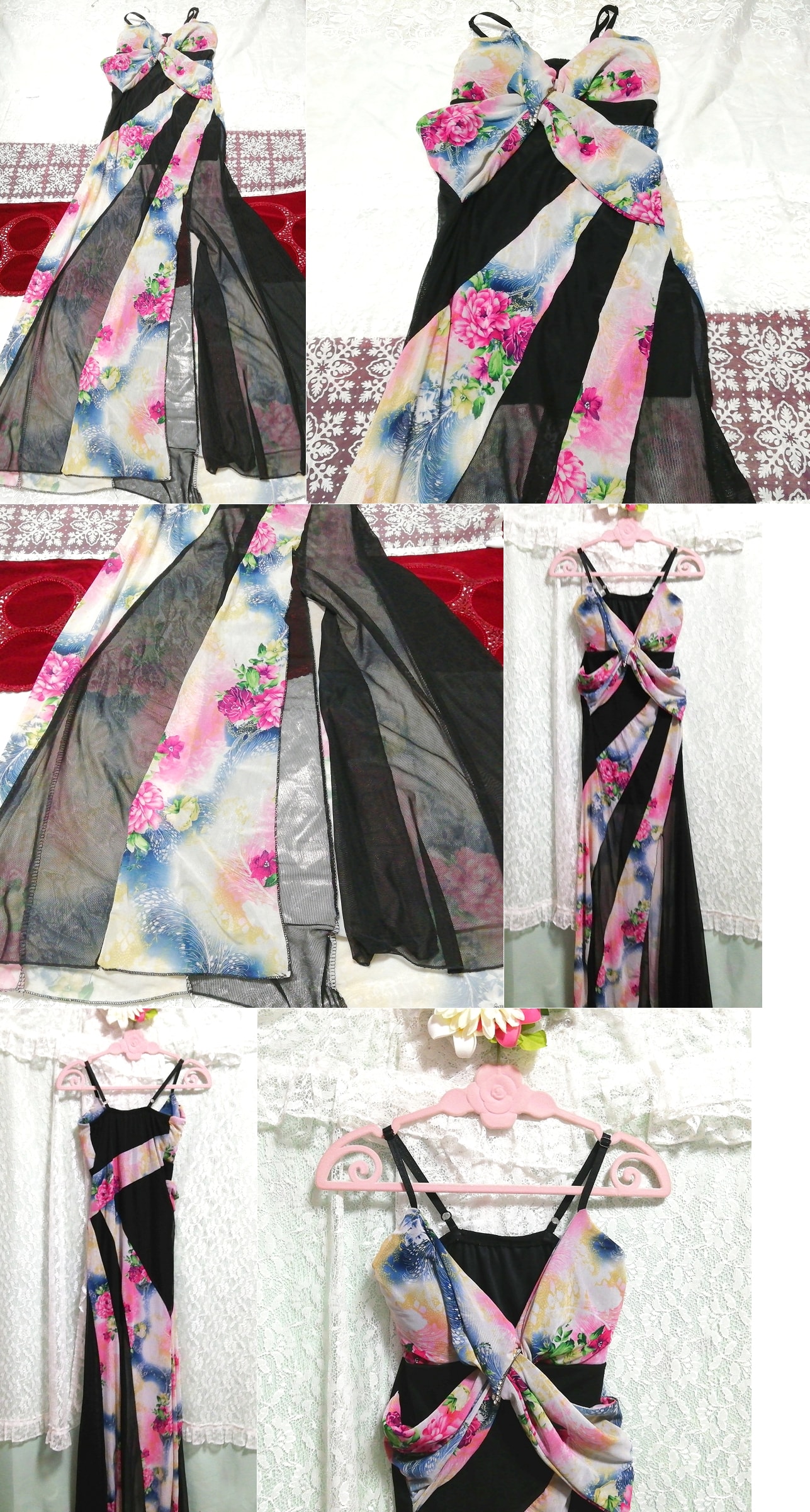 黒レース花柄ネグリジェキャミソールマキシワンピースドレス Black lace seethrough floral pattern negligee camisole maxi dress, ワンピース, ロングスカート, Mサイズ
