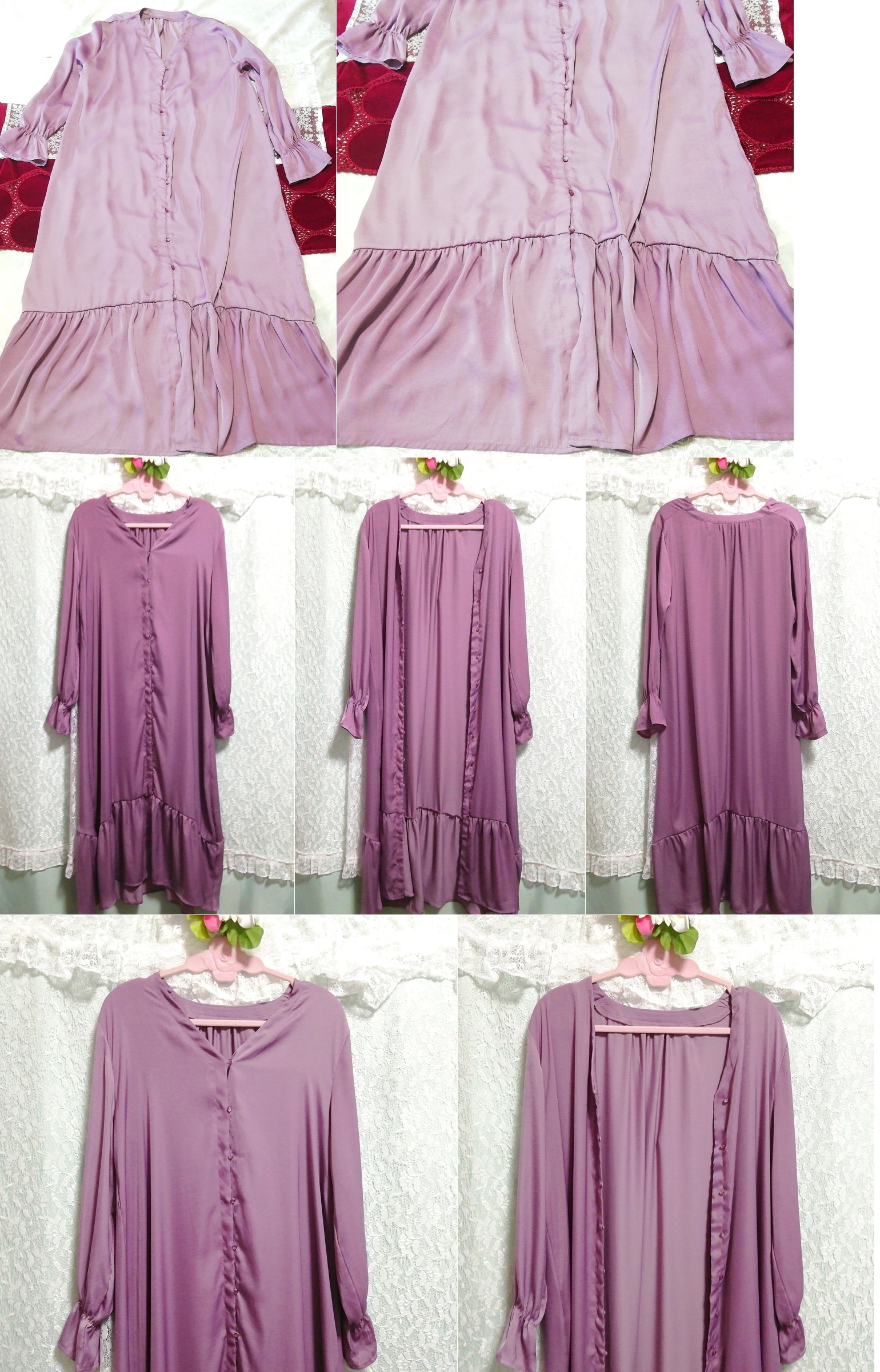 紫色超长缎面罩袍睡衣连衣裙, 时尚, 女士时装, 睡衣