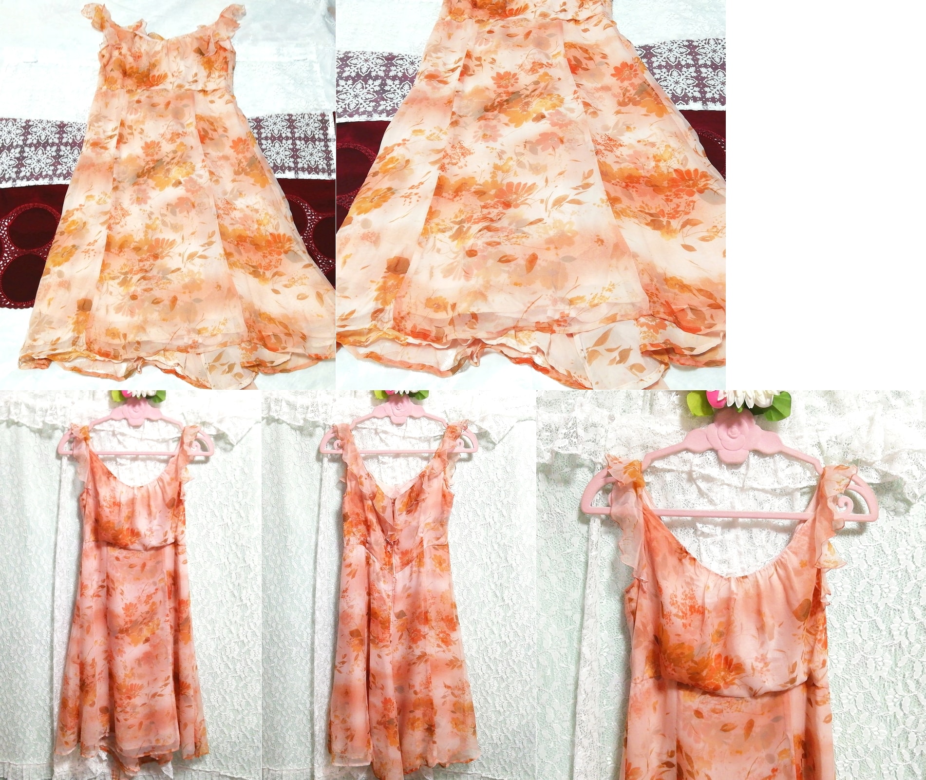 오렌지 플레어 가을 꽃무늬 쉬폰 네글리제 나이트가운 민소매 원피스 드레스, 패션, 숙녀 패션, 잠옷, 잠옷