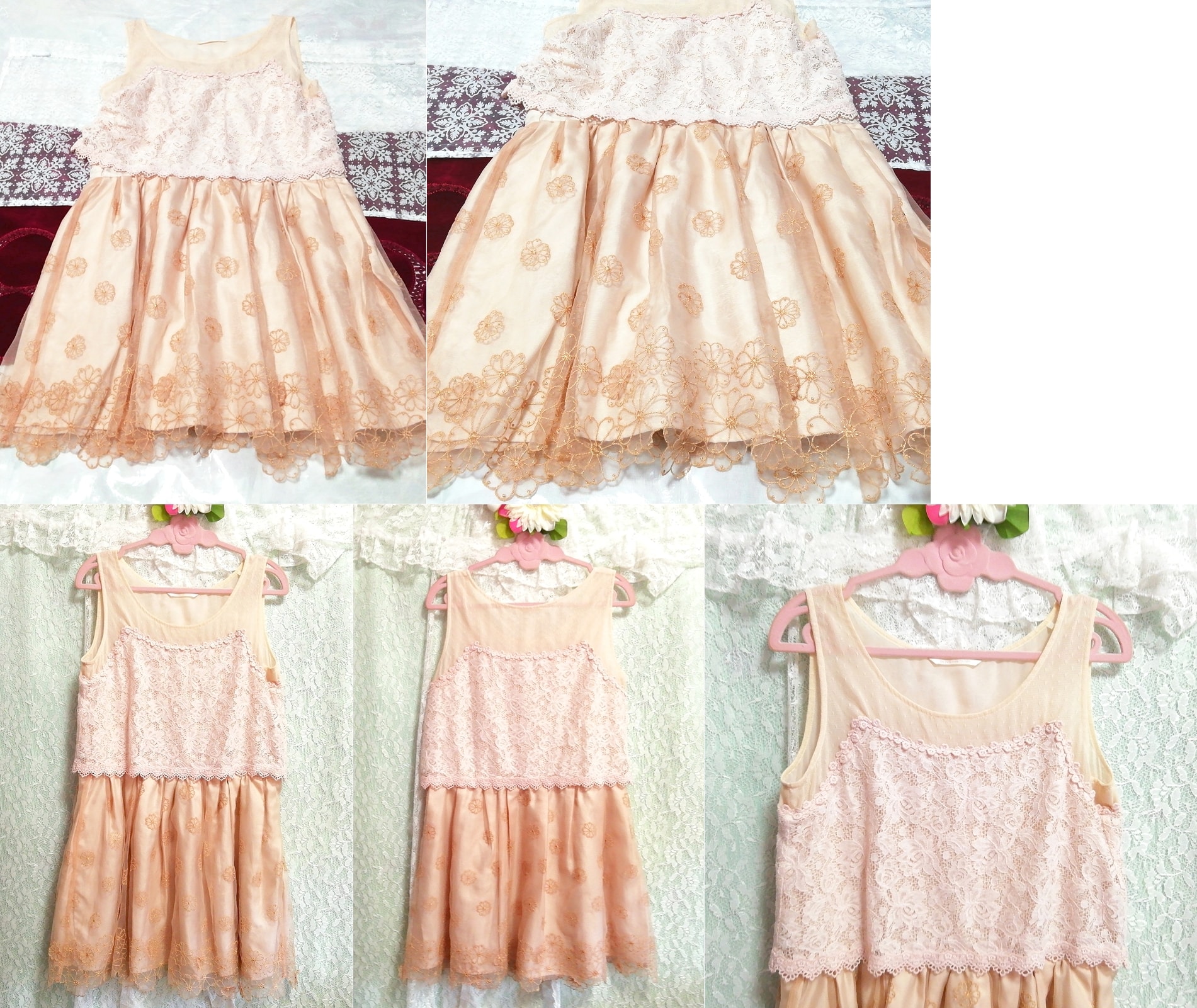 핑크 베이지 꽃무늬 자수 레이스 네글리제 나이트가운 민소매 드레스, 패션, 숙녀 패션, 잠옷, 잠옷