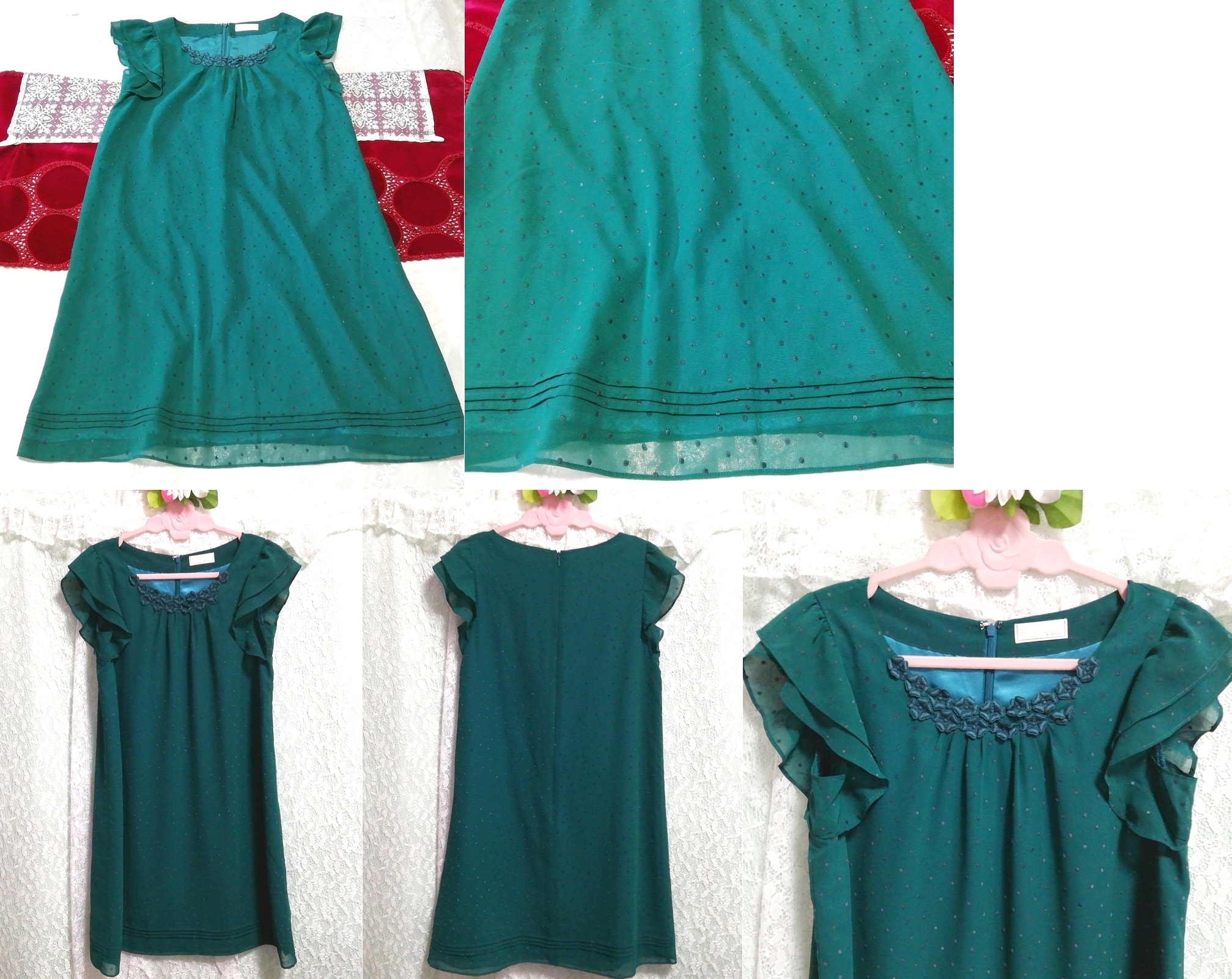 Grünes, ärmelloses Tunika-Negligé-Nachthemdkleid aus Chiffon mit Rüschen, Tunika, ärmellos, ärmellos, Größe m