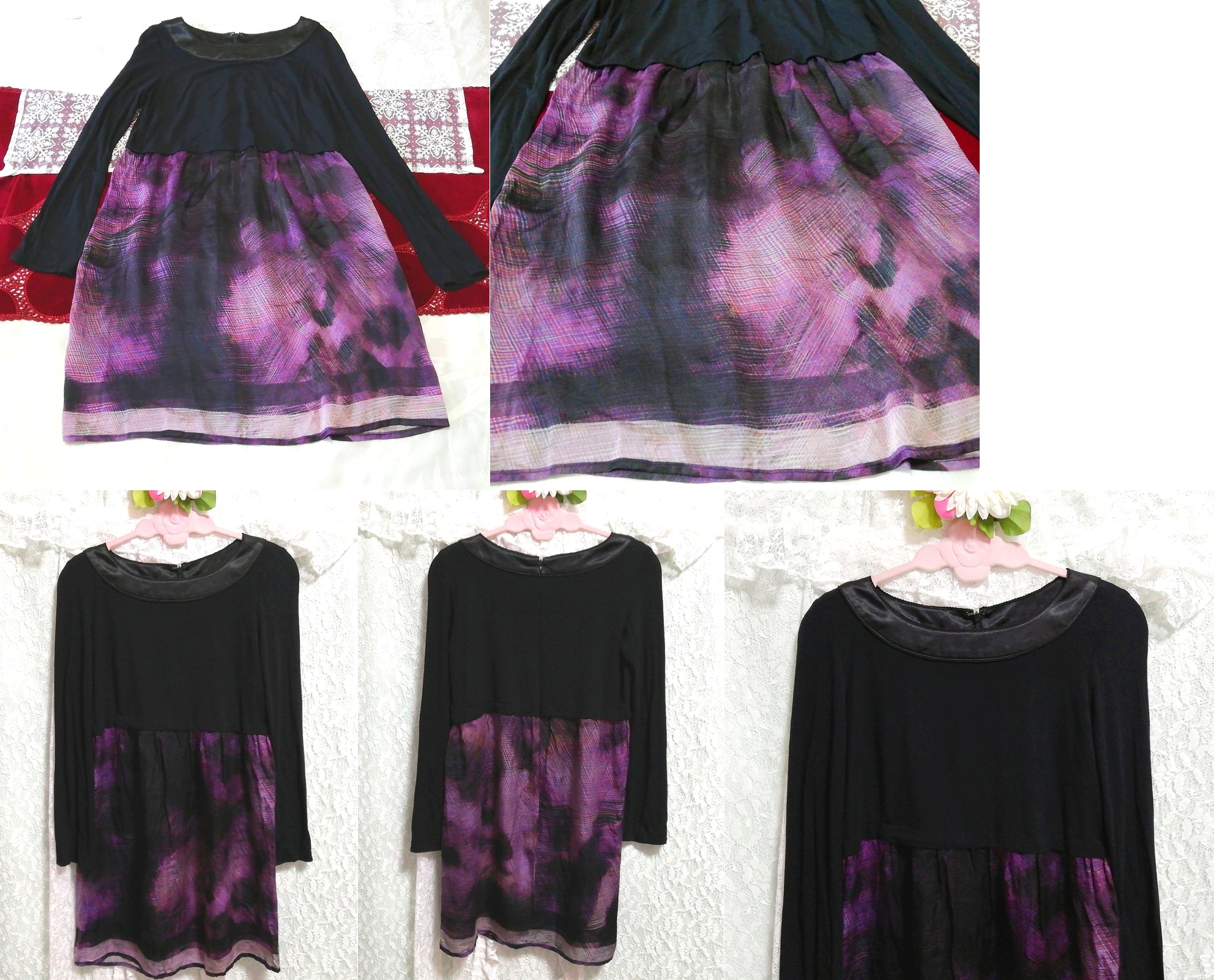 黑色紫色雪纺真丝丝绸艺术图案半身裙长袖束腰睡衣连衣裙, 外衣, 长袖