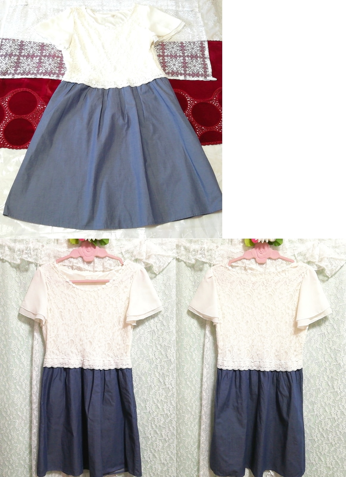 White lace short sleeve tunic denim style skirt negligee nightgown nightwear dress, tunic, short sleeve, m size