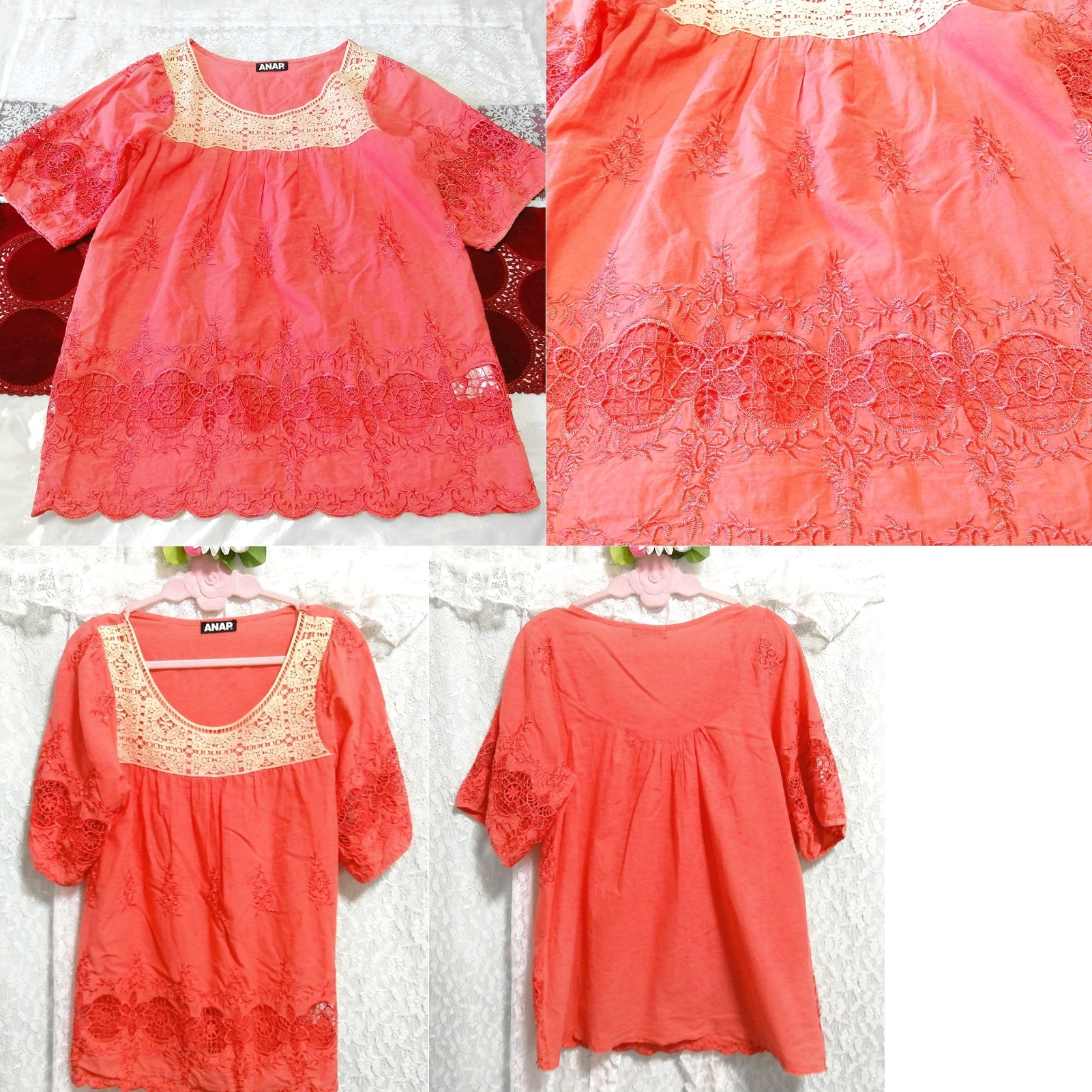 Kurzärmliges Tunika-Negligé-Nachthemdkleid aus rot-rosa Flachsspitze aus Baumwolle, Tunika, Kurzarm, Größe m