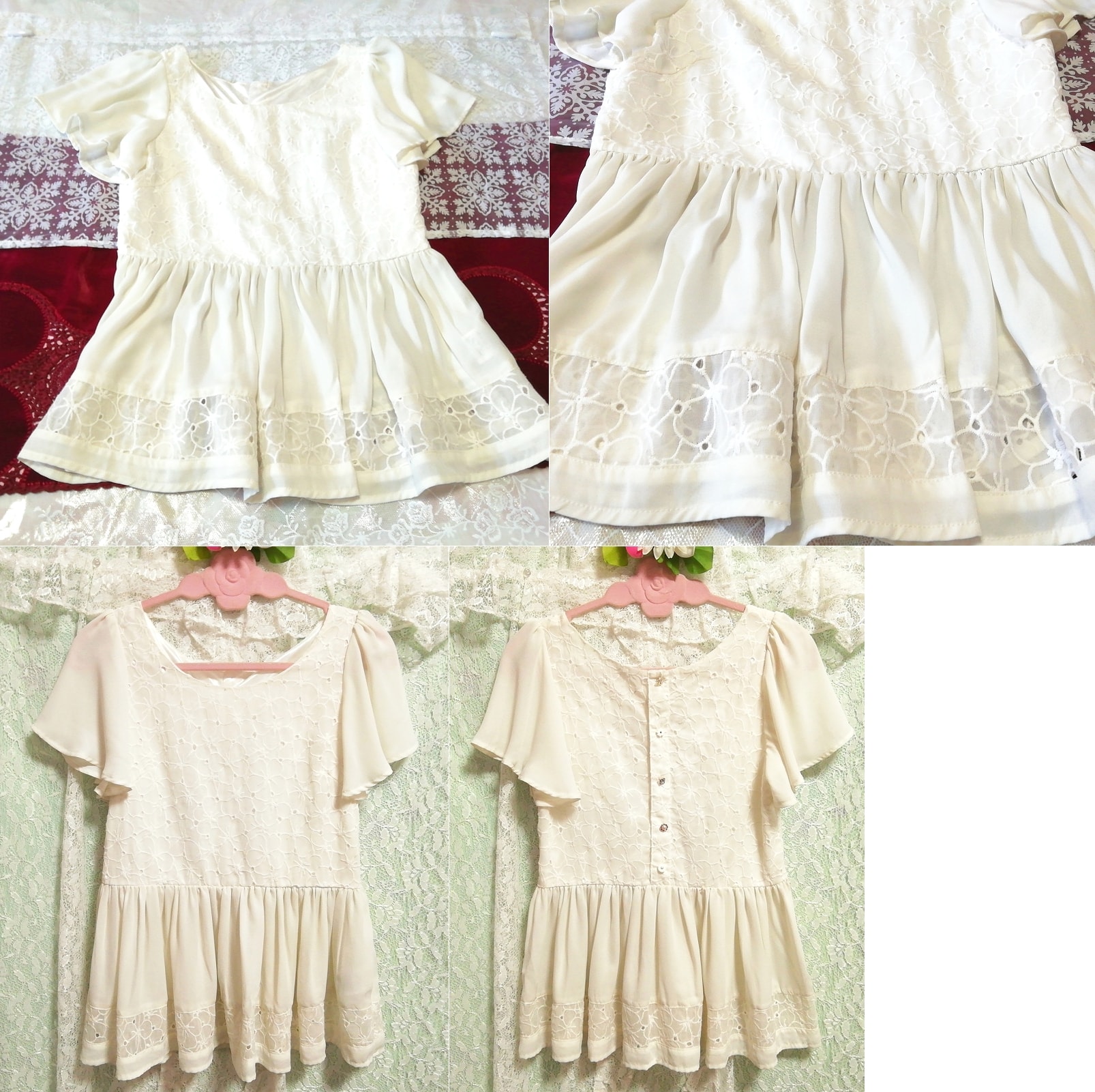 White lace chiffon beautiful button short sleeve tunic negligee nightgown dress, tunic, short sleeve, m size