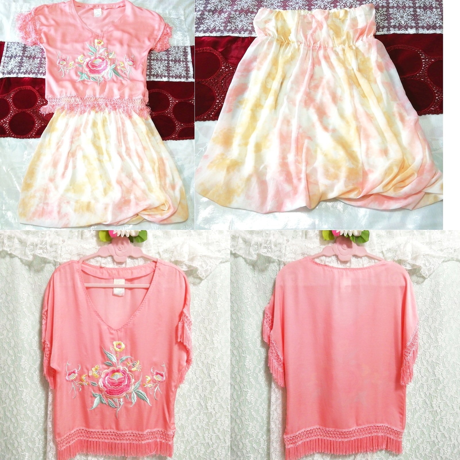 粉色流苏花卉刺绣束腰外衣睡衣淡橙色喇叭裙 2 件, 时尚, 女士时装, 睡衣