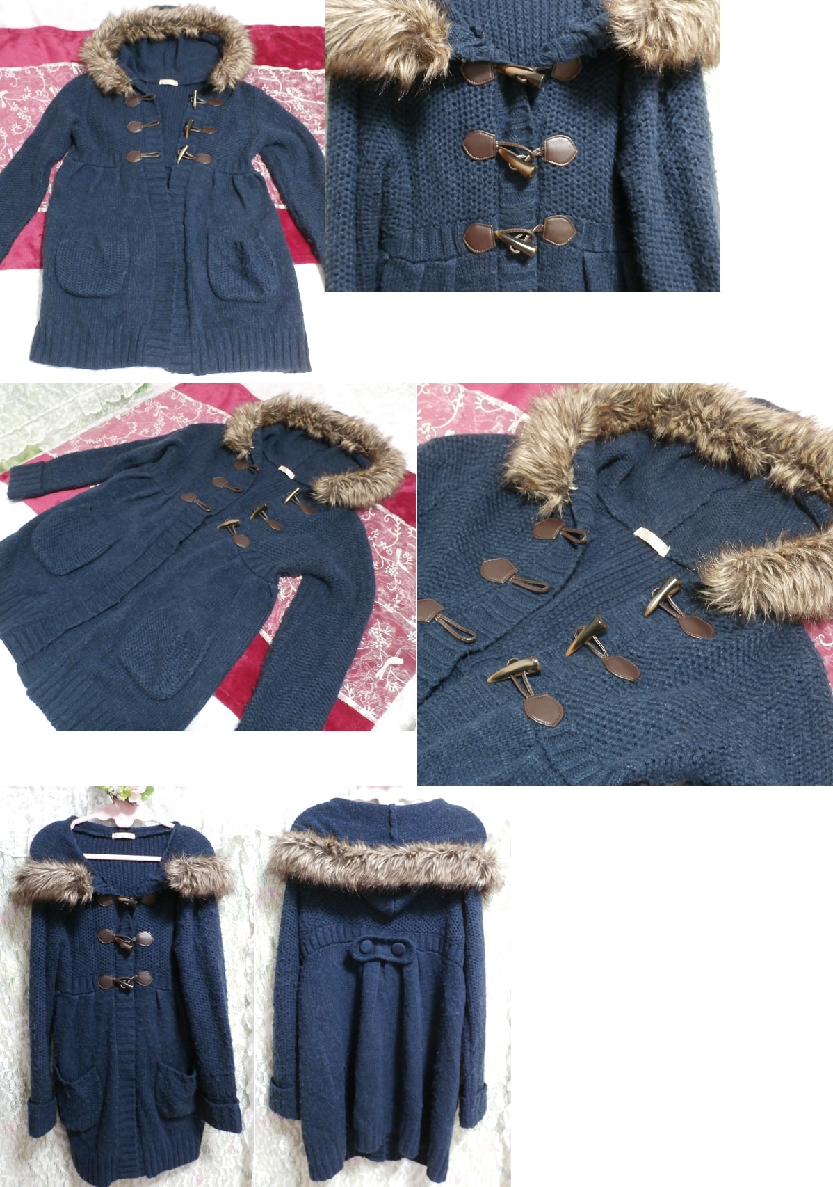 Navy blue fluffy hooded seashell button long cardigan outerwear, ladies' fashion, cardigan, m size