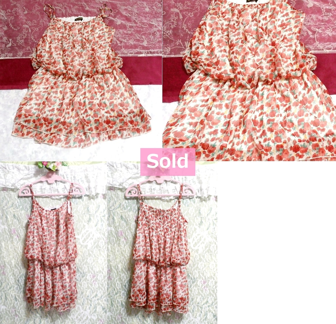 赤ピンク花柄キャミソールシフォンワンピース/ネグリジェ Red pink floral camisole chiffon onepiece/negligee