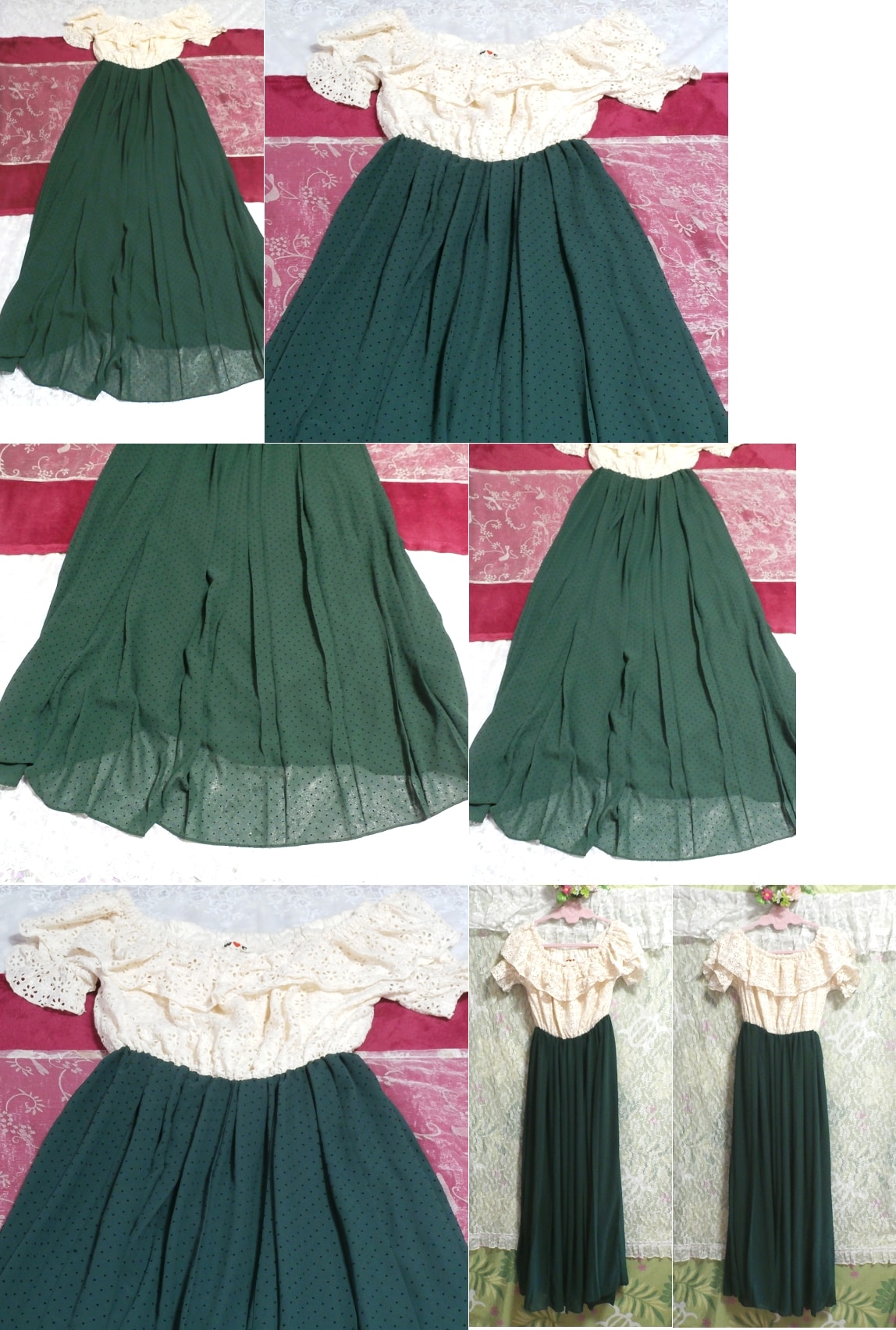 White floral white lace negligee nightgown maxi dress green chiffon skirt dress, long skirt, m size