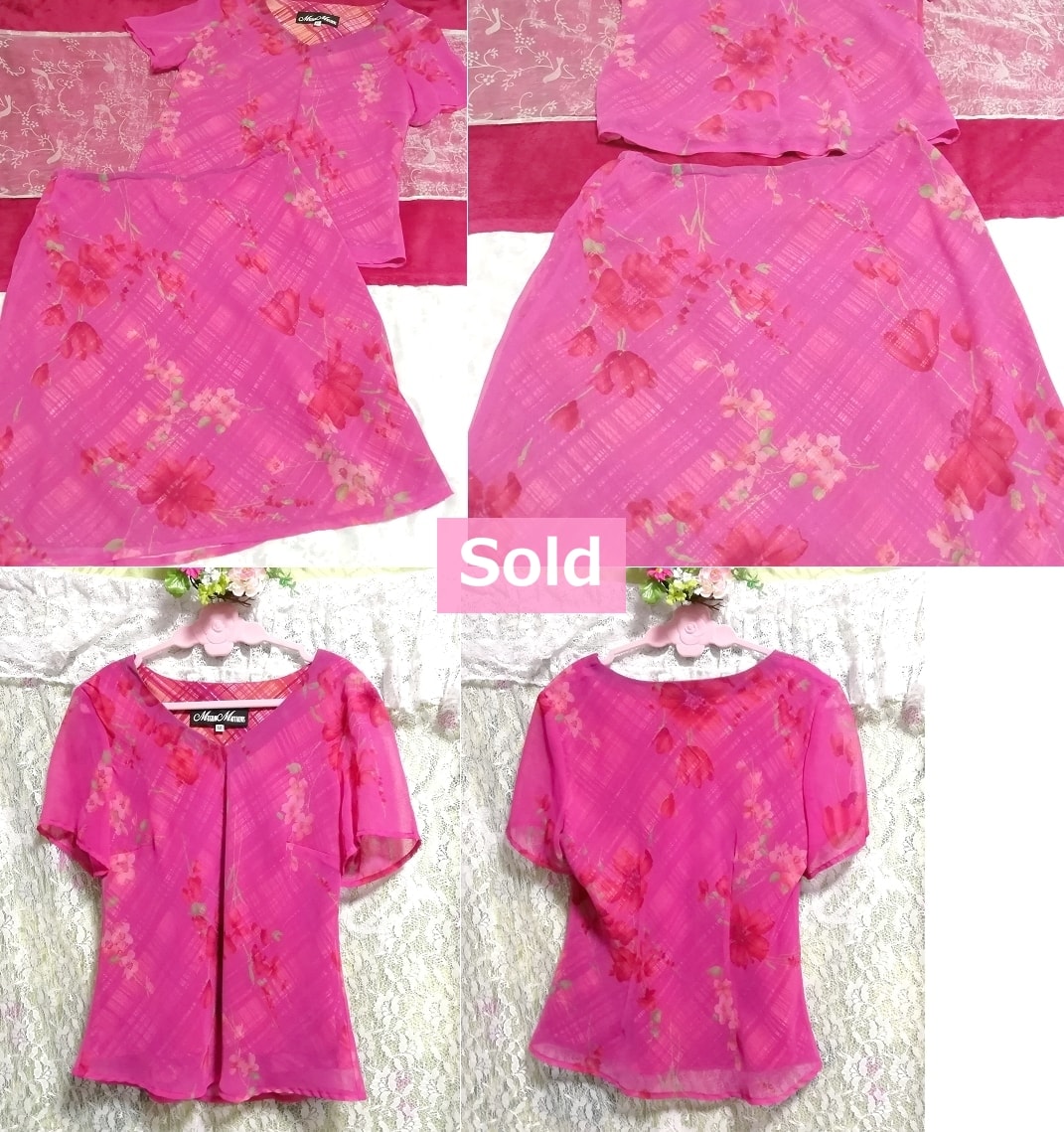 ピンク紫花柄シフォンツーピーストップスとスカート2点セット Pink purple flower pattern chiffon tops skirt 2 piece set, ファッション&レディースファッション&その他