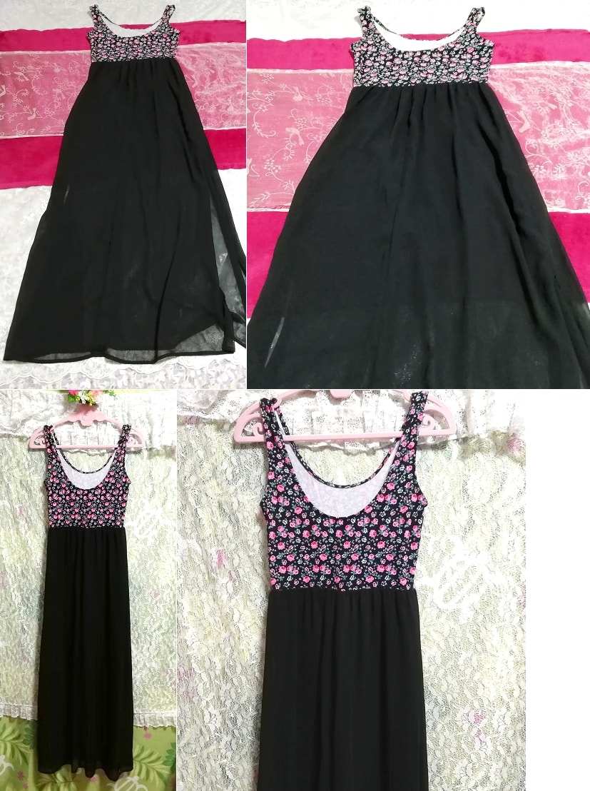 Pink floral tops black chiffon negligee nightgown long skirt maxi dress, long skirt, m size