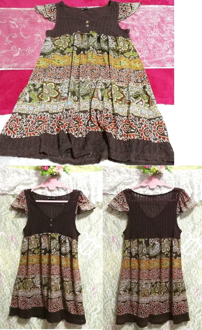 Brown lace tops ethnic pattern chiffon negligee nightgown tunic dress, tunic, sleeveless, sleeveless, l size