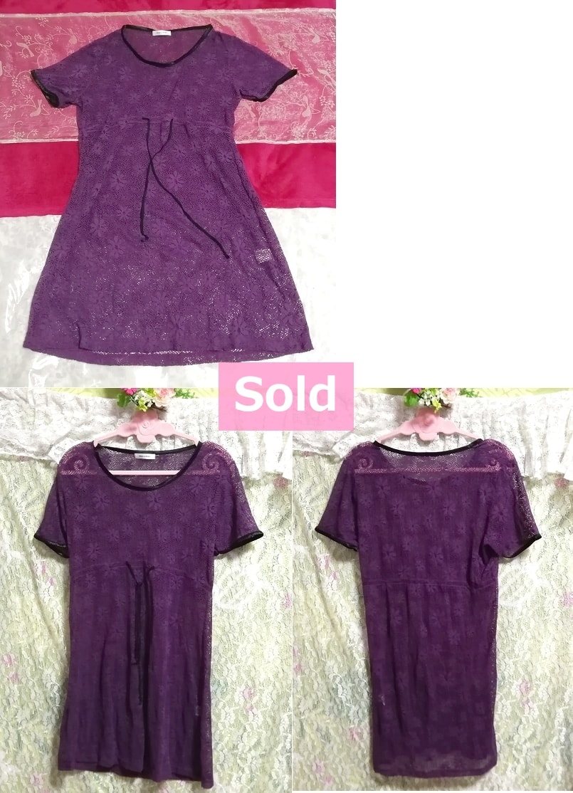 紫色针织蕾丝花卉图案/束腰外衣, 外衣, 短袖, 中等大小