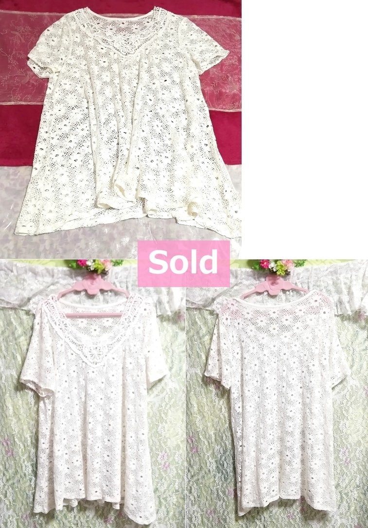 Blusas de túnica de manga corta de encaje con transparencias de flores blancas, túnica y manga corta y talla XL o más