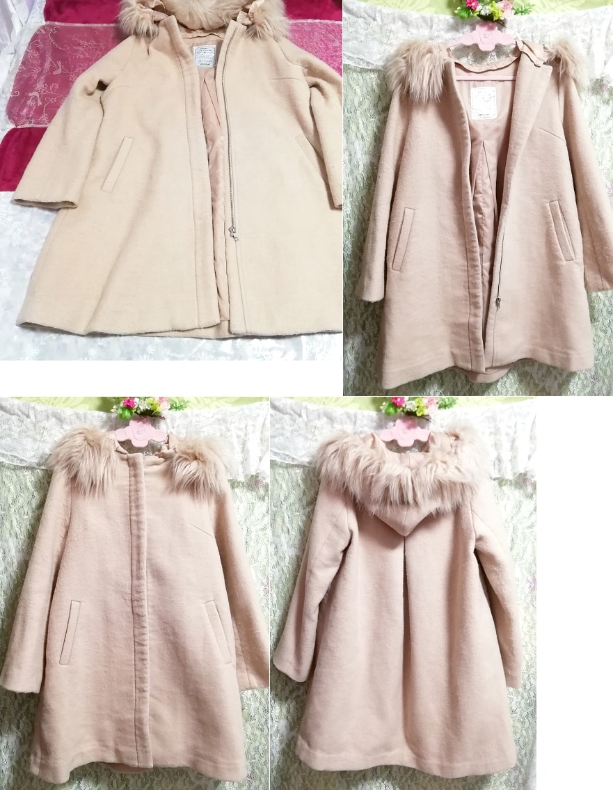 Rosa-beiger, flauschiger Haori-Mantel mit Fellkapuze, Mantel, Mantel im Allgemeinen, Größe m