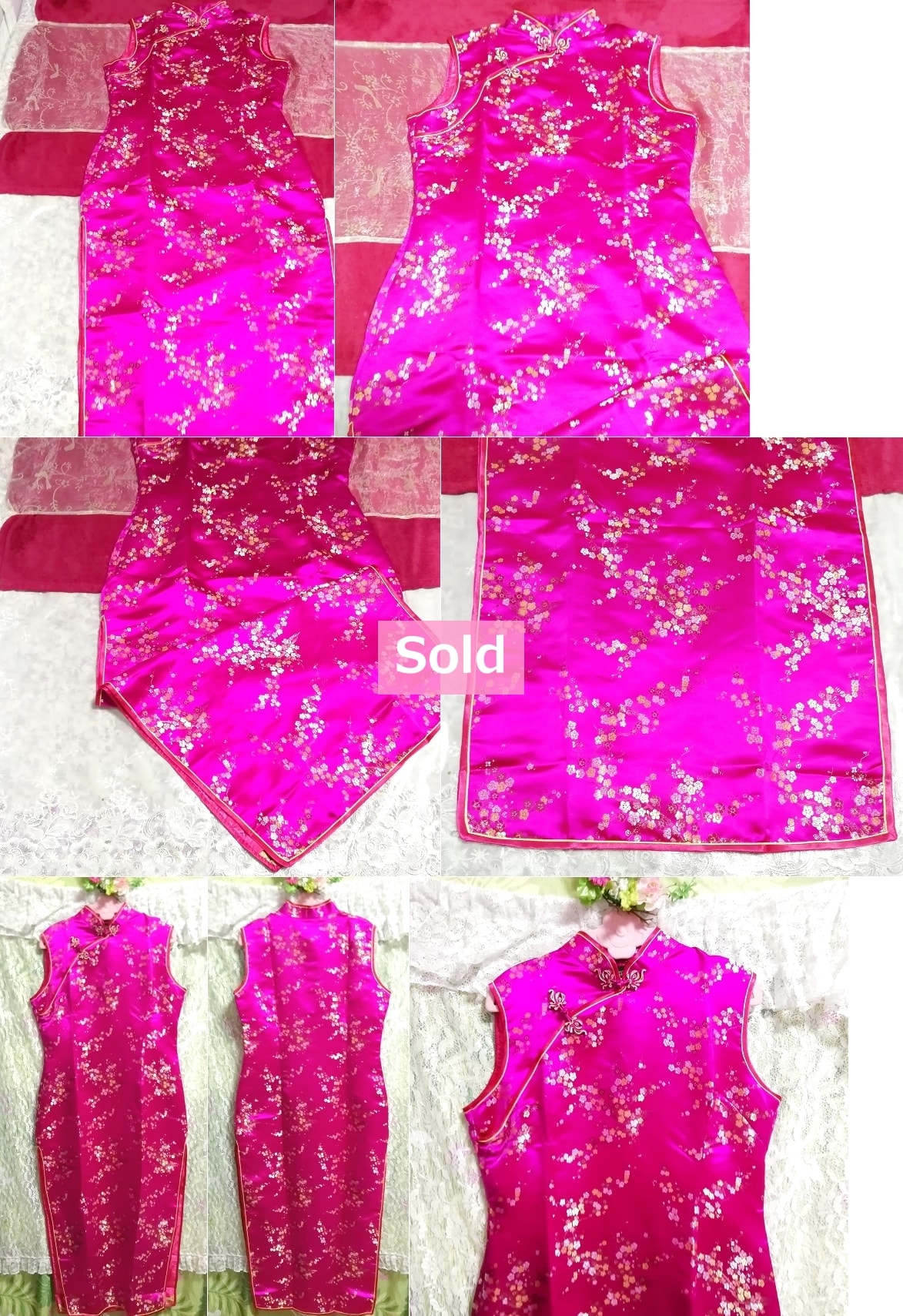 旗袍 5xl 洋红色紫色粉色长中式旗袍连衣裙, 正式的, 彩色连衣裙, 紫色的