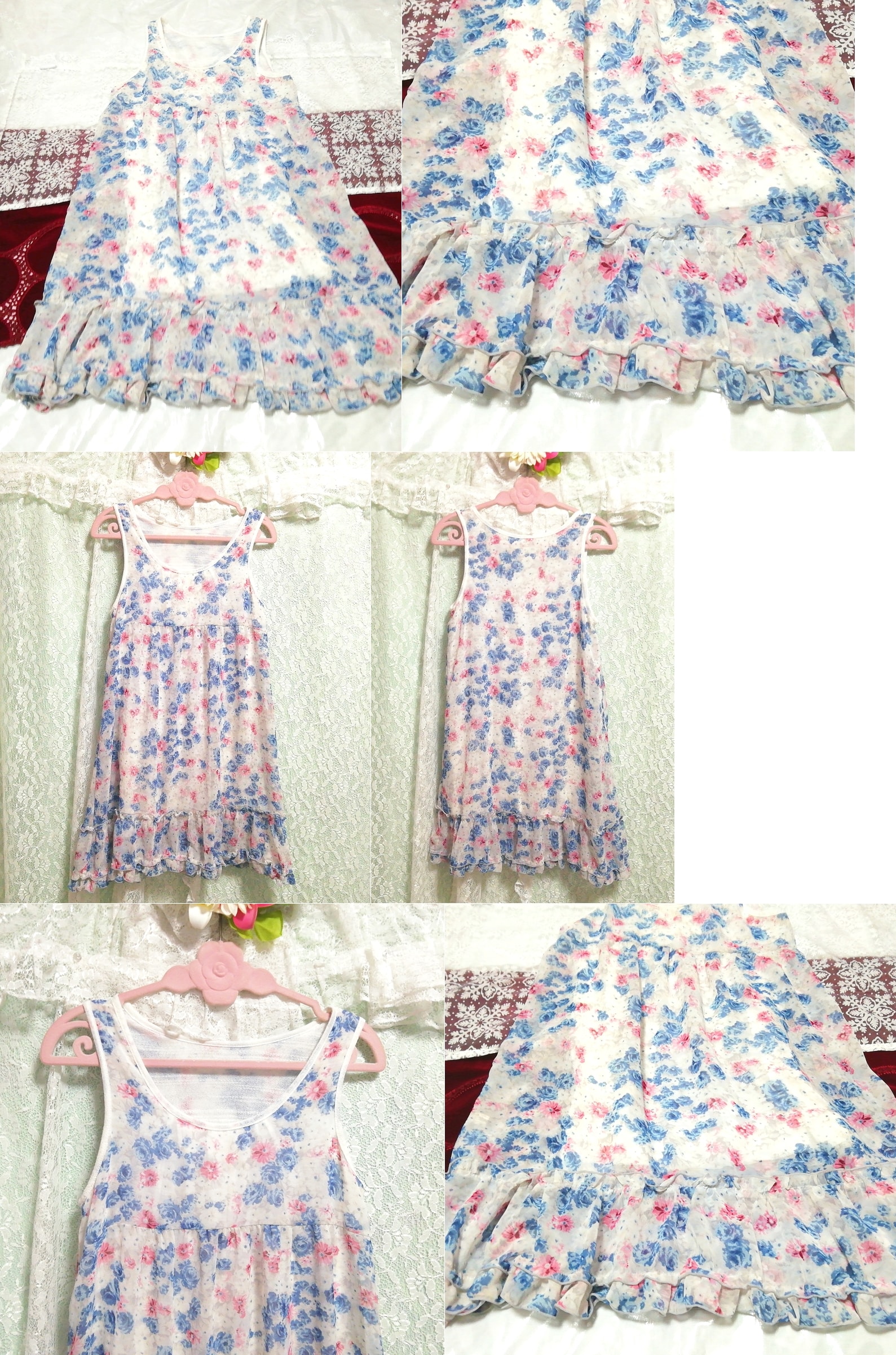 Blue red white floral pattern chiffon negligee nightgown tunic dress, knee length skirt, m size