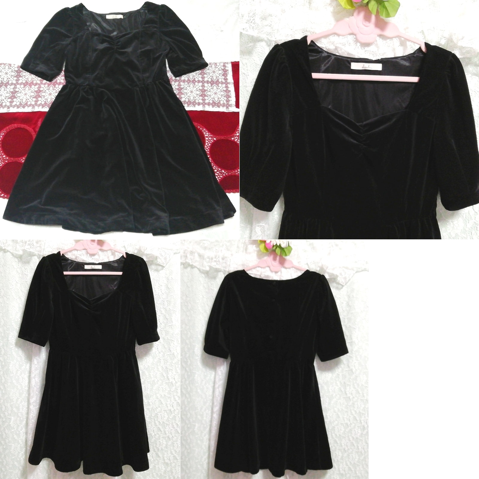 Schwarzes, glänzendes Negligé-Nachthemd aus Velours, einteiliges Kleid, Tunika, Kurzarm, Größe m