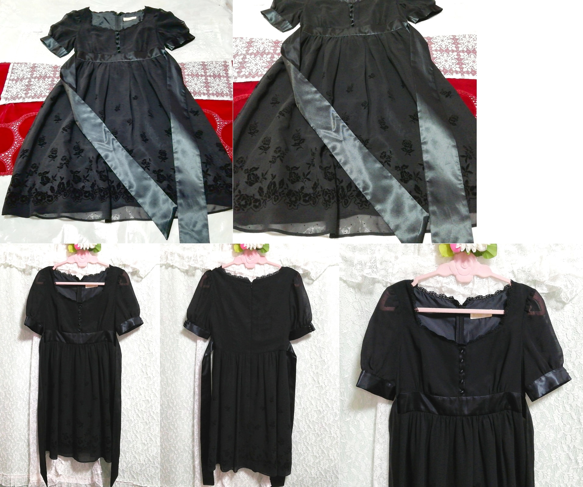काली कढ़ाई वाली शिफॉन साटन रिबन रोबे नाइटगाउन छोटी आस्तीन वाली पोशाक, पहनावा, महिलाओं का फैशन, nightwear, पाजामा