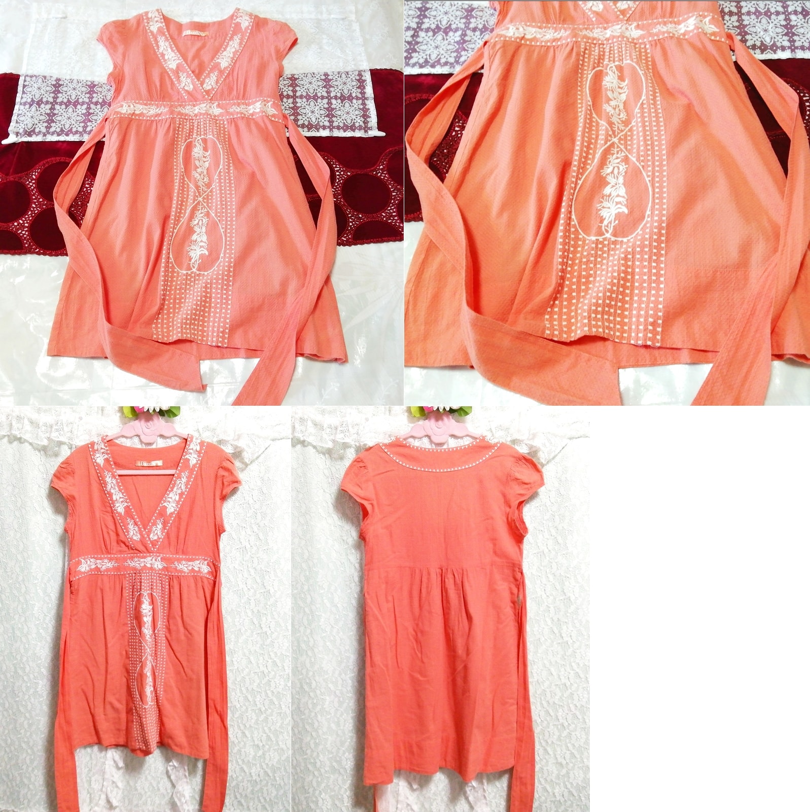 Camisón negligee tipo túnica sin mangas con bordado blanco de algodón rosa salmón, sayo, sin mangas, sin mangas, talla m