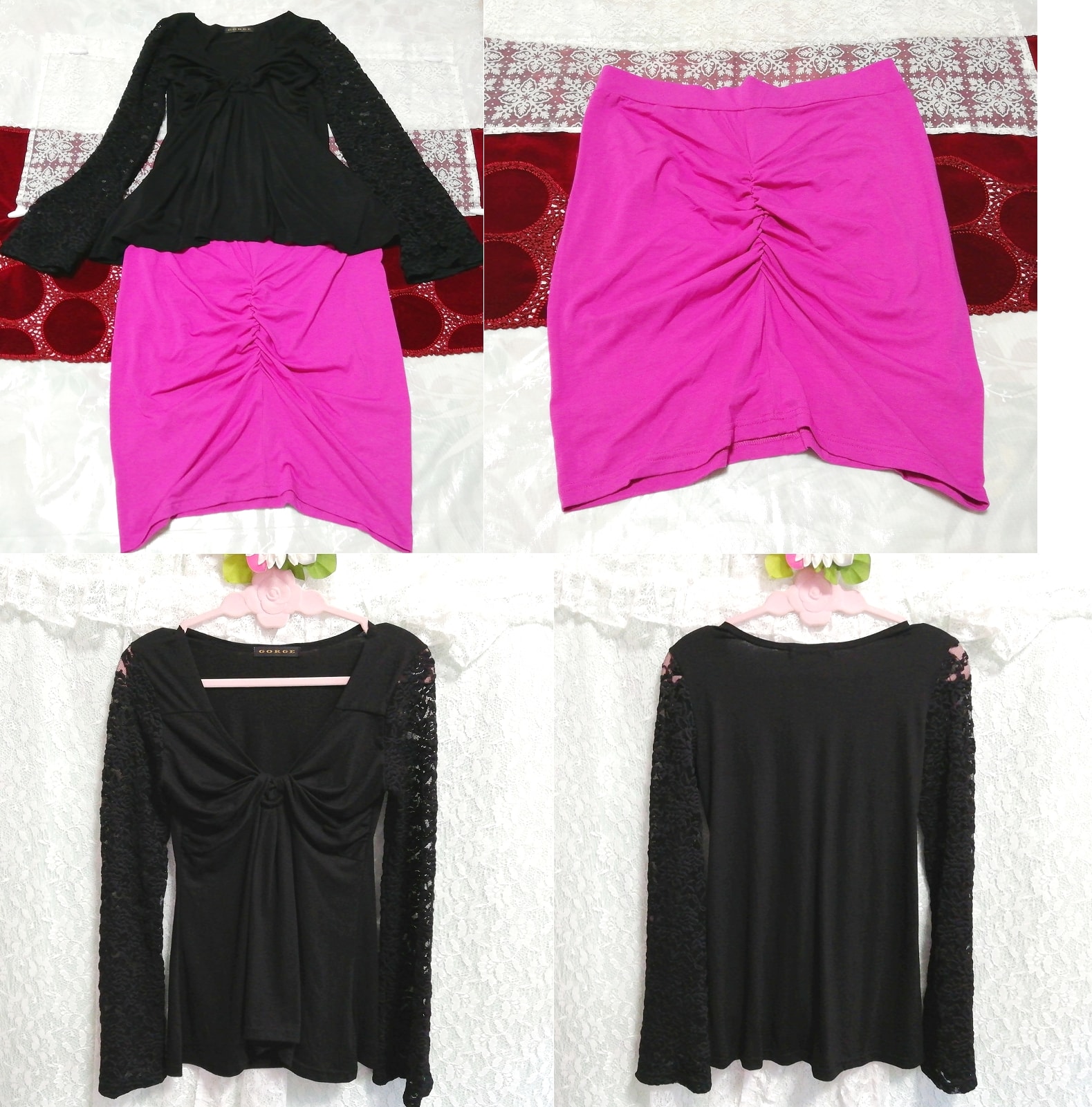 Schwarze Spitzen-Tunika aus Chiffon mit langen Ärmeln, Negligé-Nachthemd, magentafarbener Minirock, 2 Stück, Mode, Frauenmode, Nachtwäsche, Pyjama