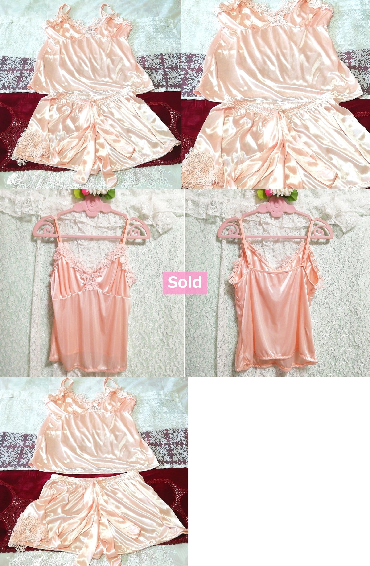 Orange pink satin camisole nightgown nightwear shorts 2P, fashion, ladies' fashion, nightwear, pajamas