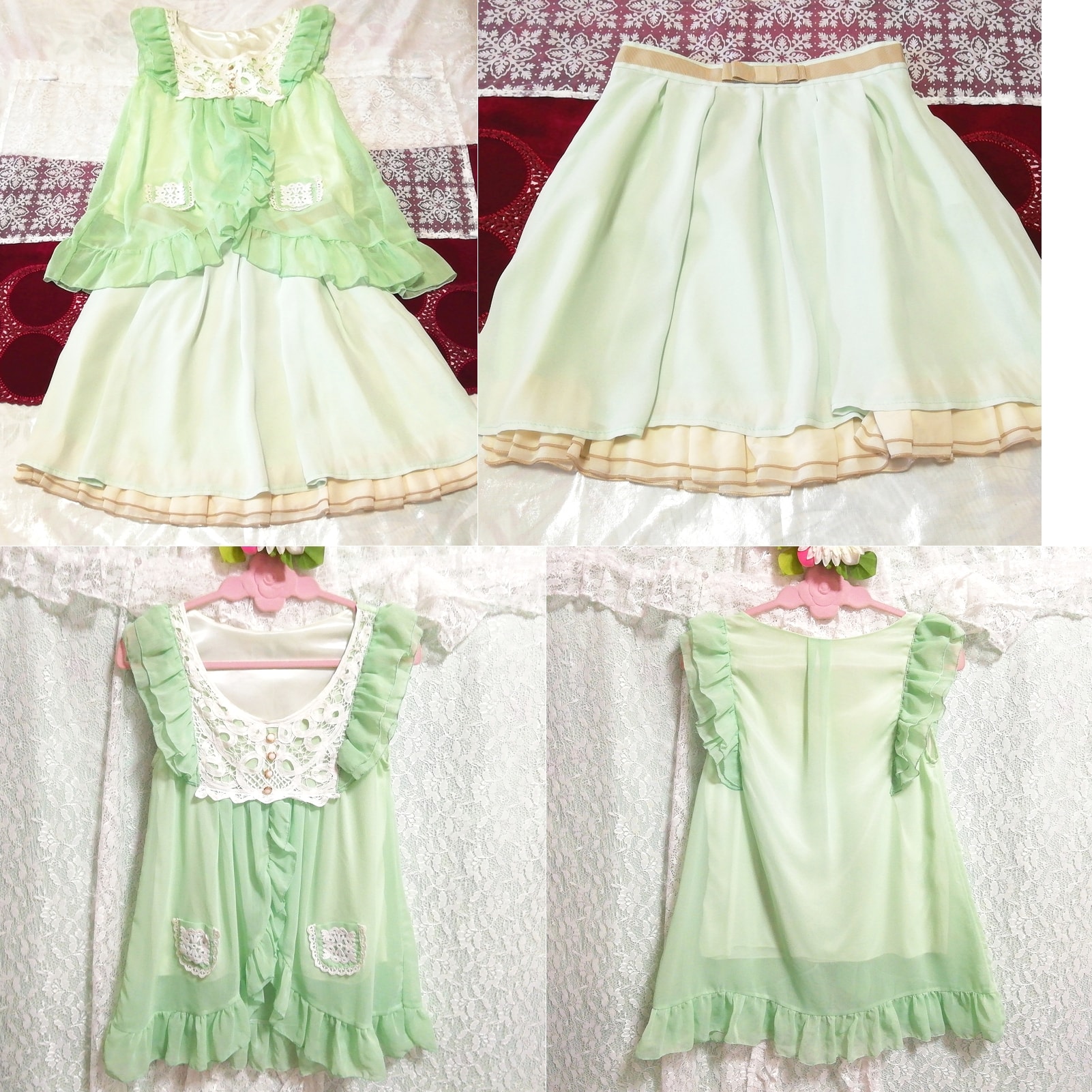 Green chiffon tunic negligee nightgown yellow green chiffon mini skirt dress 2P, fashion, ladies' fashion, nightwear, pajamas