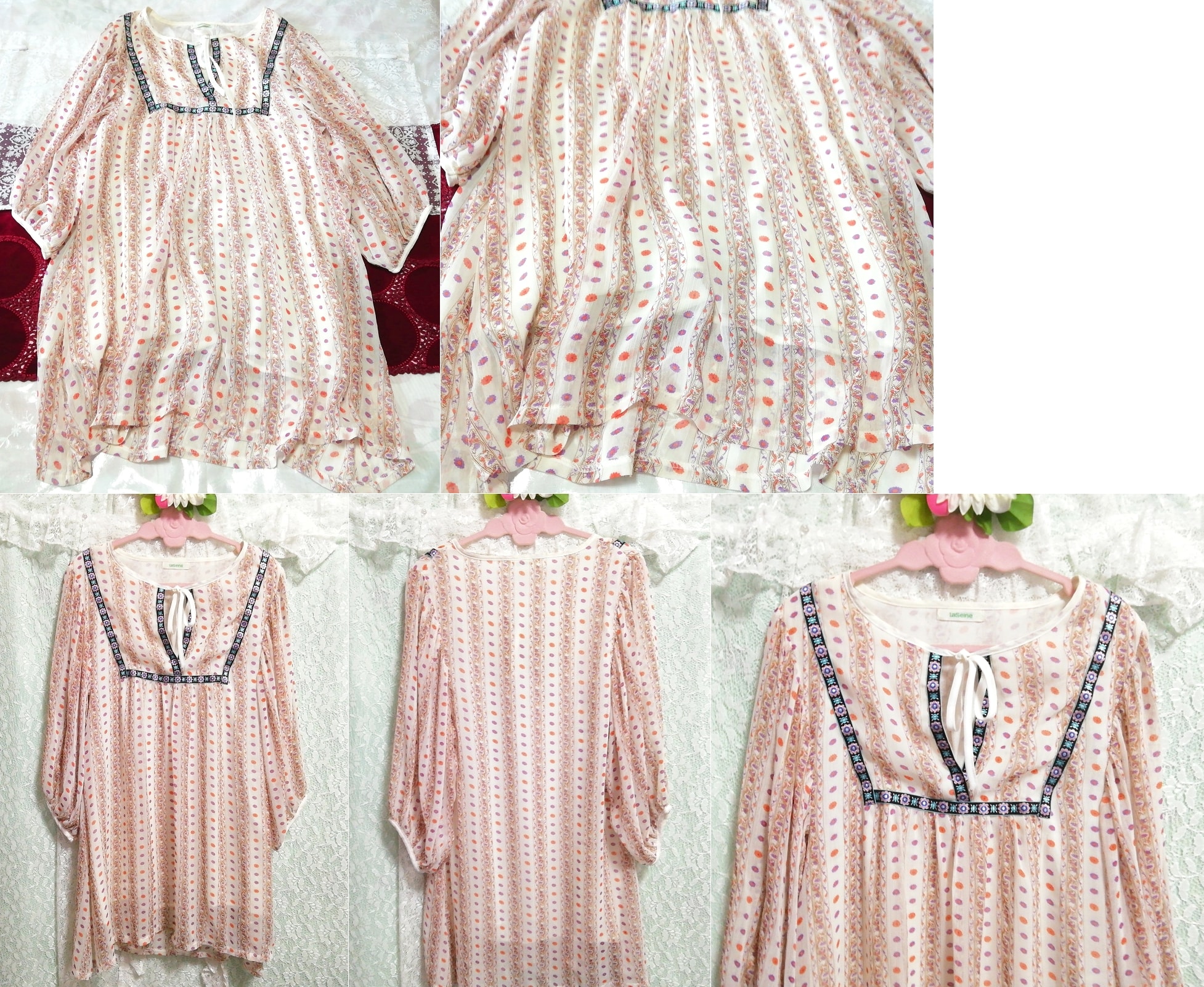 White chiffon ethnic pattern tunic negligee nightgown nightwear dress, knee length skirt, m size