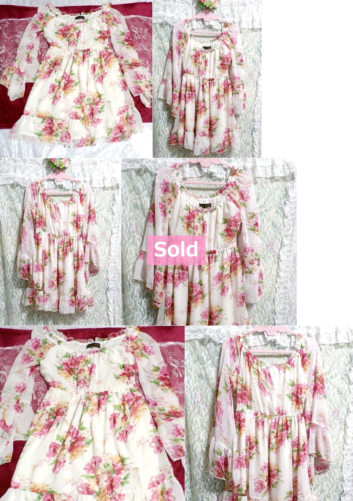 CECIL McBEE セシルマクビー白ピンク花柄シフォンチュニック/トップス/ワンピース White pink floral pattern chiffon tunic/tops/onepiece