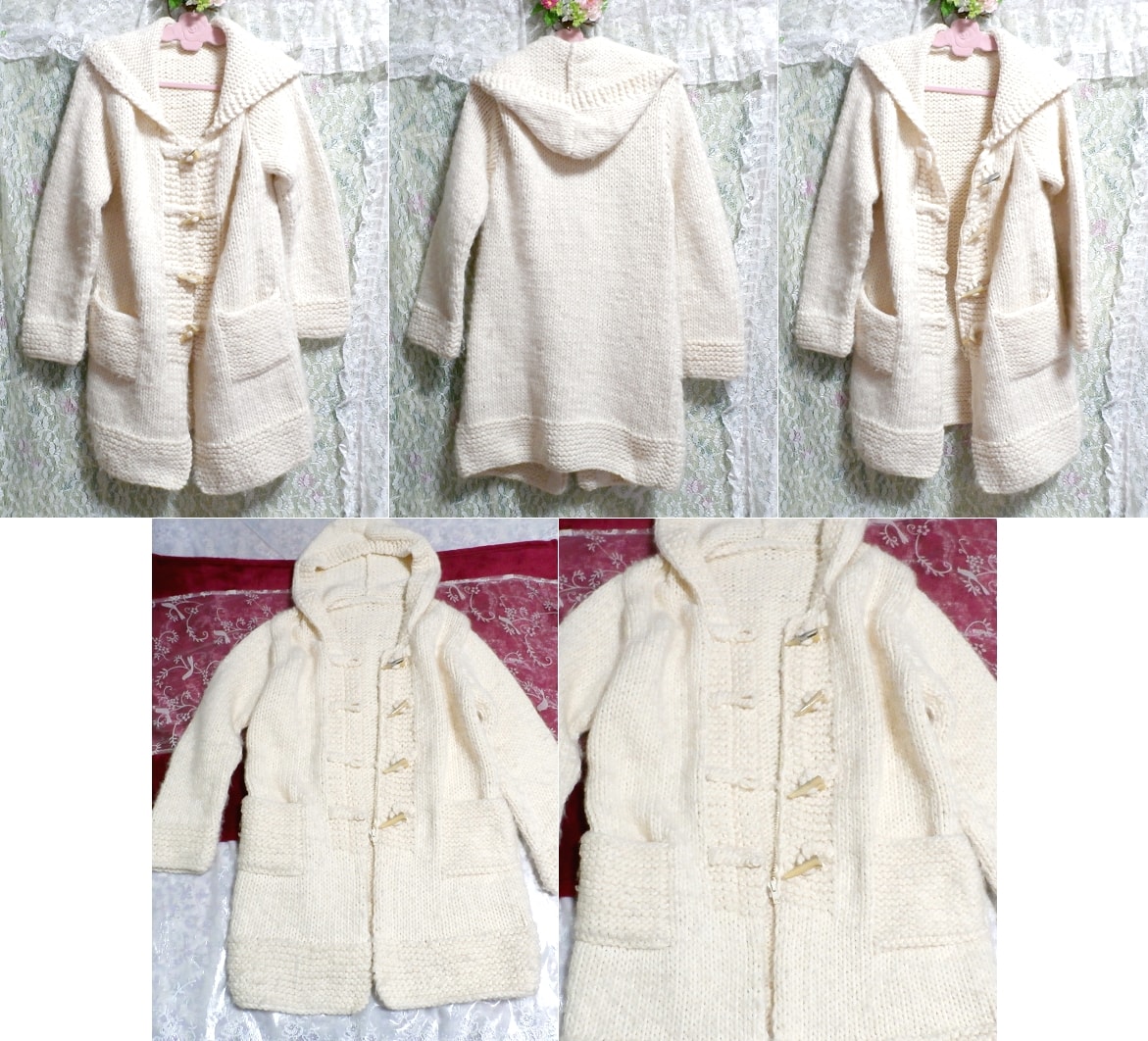 पुष्प सफेद बुना हुआ स्वेटर शैली सीशेल बटन हुड वाला मोटा कार्डिगन बाहरी वस्त्र, महिलाओं का फैशन, कार्डिगन, एल आकार