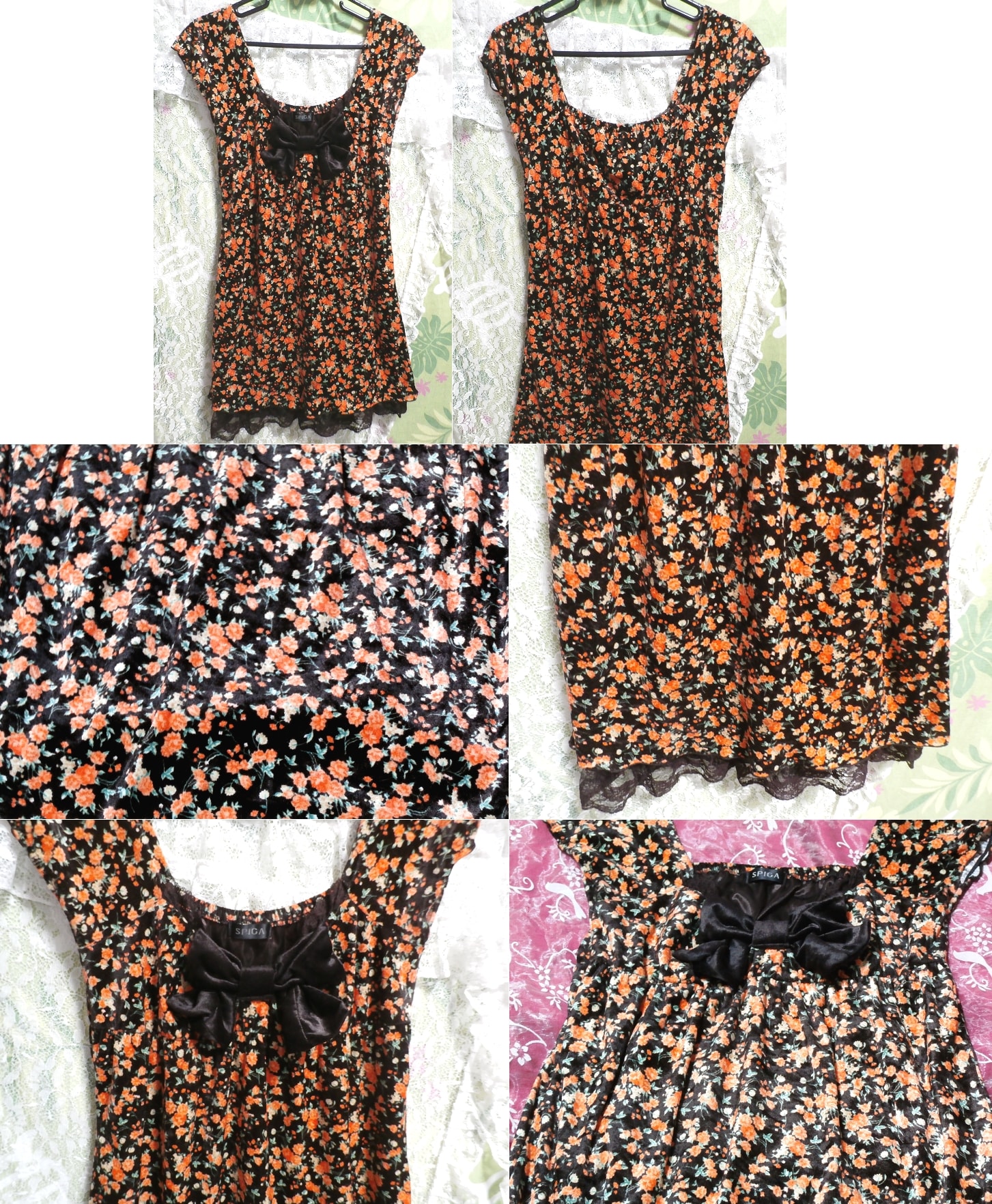 Negligé-Nachthemd-Tunika aus gekräuselter Spitze mit orangefarbenem Blumenmuster und schwarzem Band, Tunika, Kurzarm, Größe m