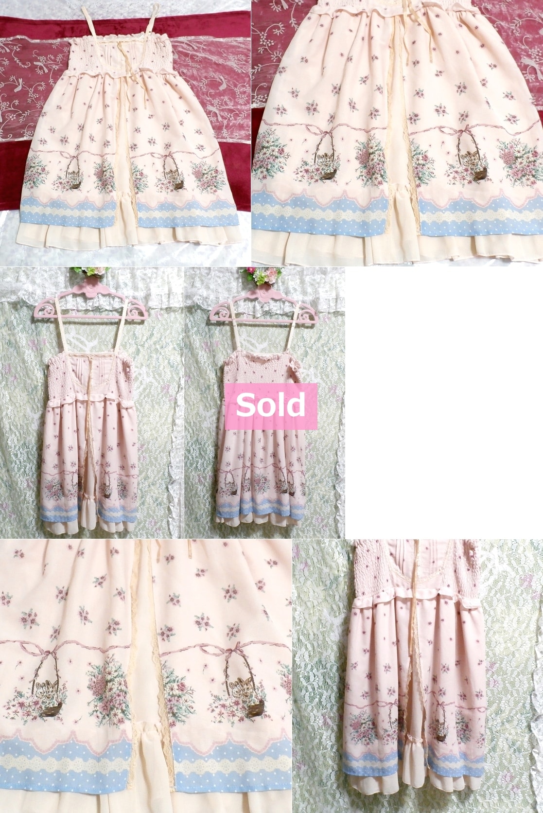 ガーリーピンク花柄ウサギイラストプリントキャミソール/チュニック/ワンピース Girly pink flower pattern rabbit print camisole/tunic