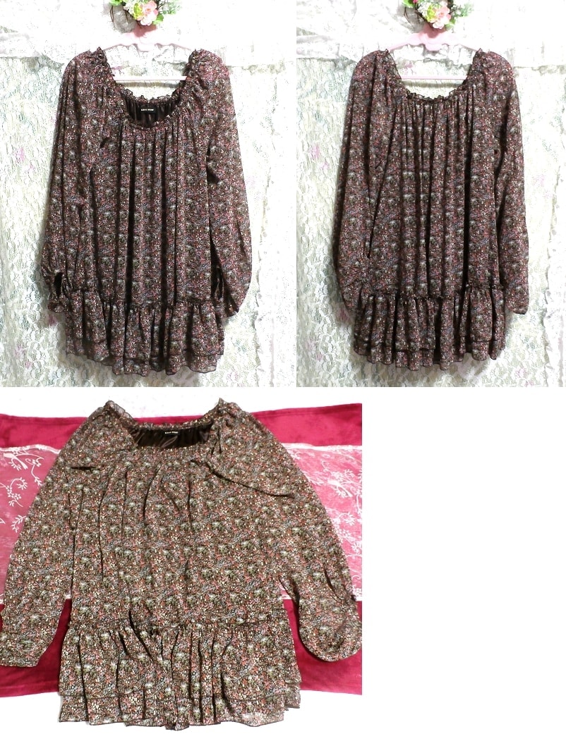 茶色花柄長袖フリルネグリジェチュニック Brown flower pattern long sleeve ruffle negligee tunic, チュニック, 半袖, Mサイズ