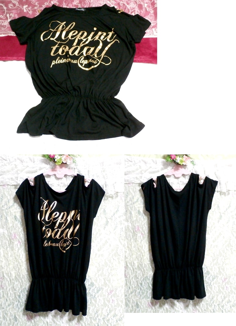 Black tunic tops with gold shoulder chains, ladies' fashion, cut and sew, sleeveless, sleeveless