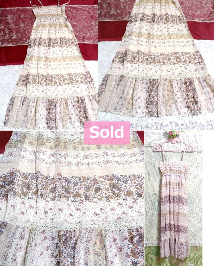 White pink floral pattern ethnic pattern chiffon camisole maxi long skirt dress Flower ethnic chiffon camisole maxi skirt one piece, dress & long skirt & M size
