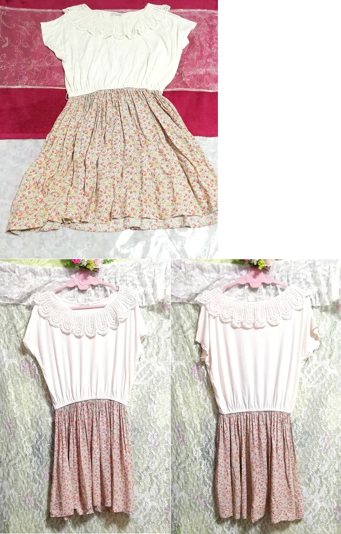 白ホワイトピンク花柄ネグリジェチュニックワンピース White tops pink floral pattern negligee skirt short sleeve tunic dress, ワンピース, ミニスカート, Mサイズ