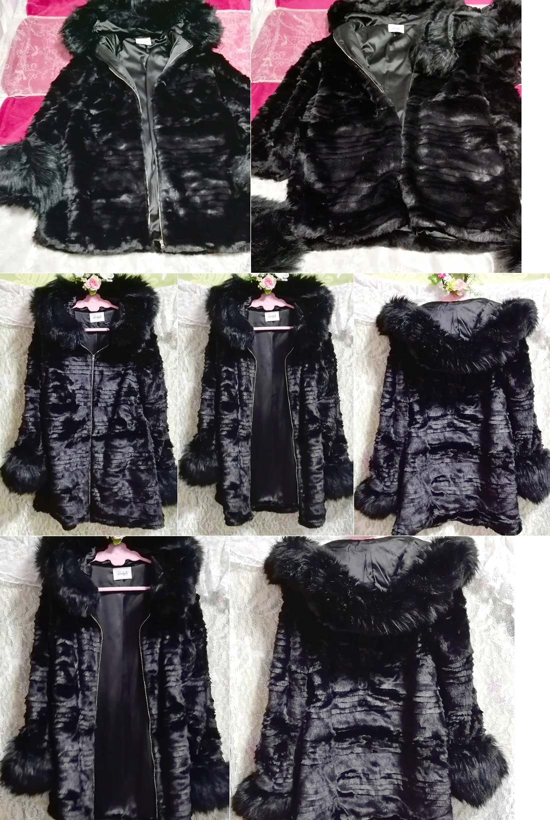 Manteau de fourrure long de luxe noir, manteau haori, manteau, manteau en général, taille m