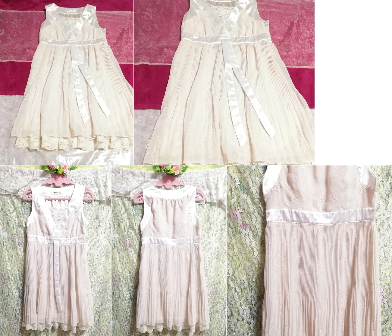 Ivory white satin ribbon sleeveless negligee nightgown dress, knee length skirt, m size