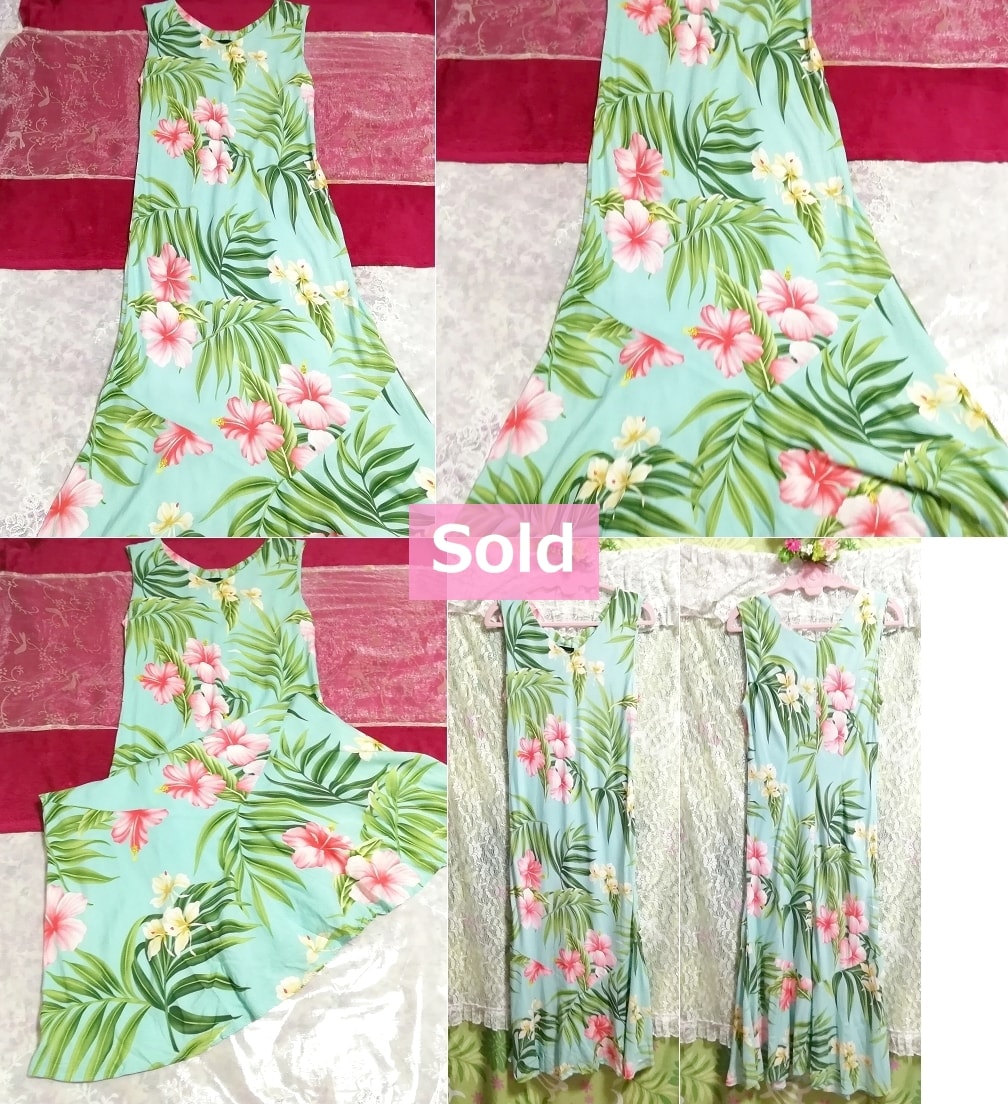 Light blue floral print american made sleeveless maxi one piece