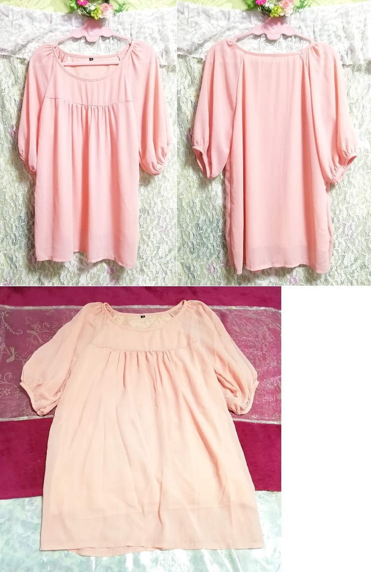 Pink simple chiffon short sleeve tunic, tunic, short sleeve, m size