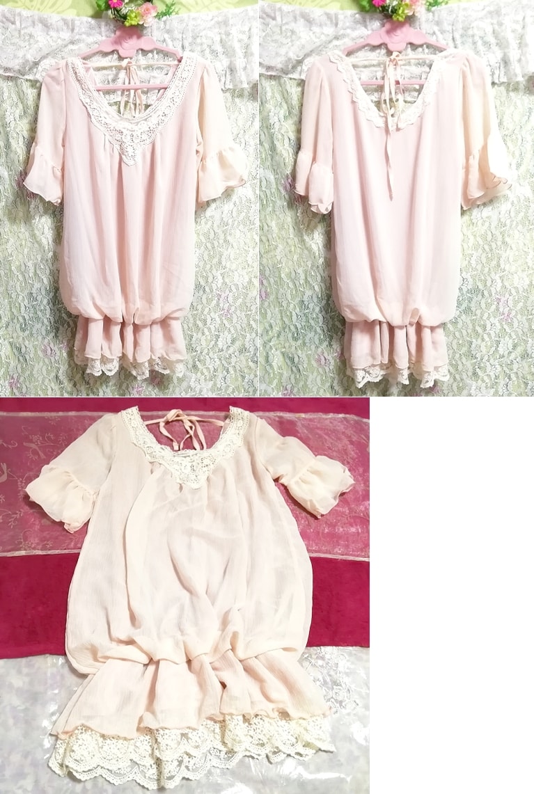 Cherry blossom pink white lace neck chiffon negligee nightgown tunic dress, tunic, short sleeve, m size
