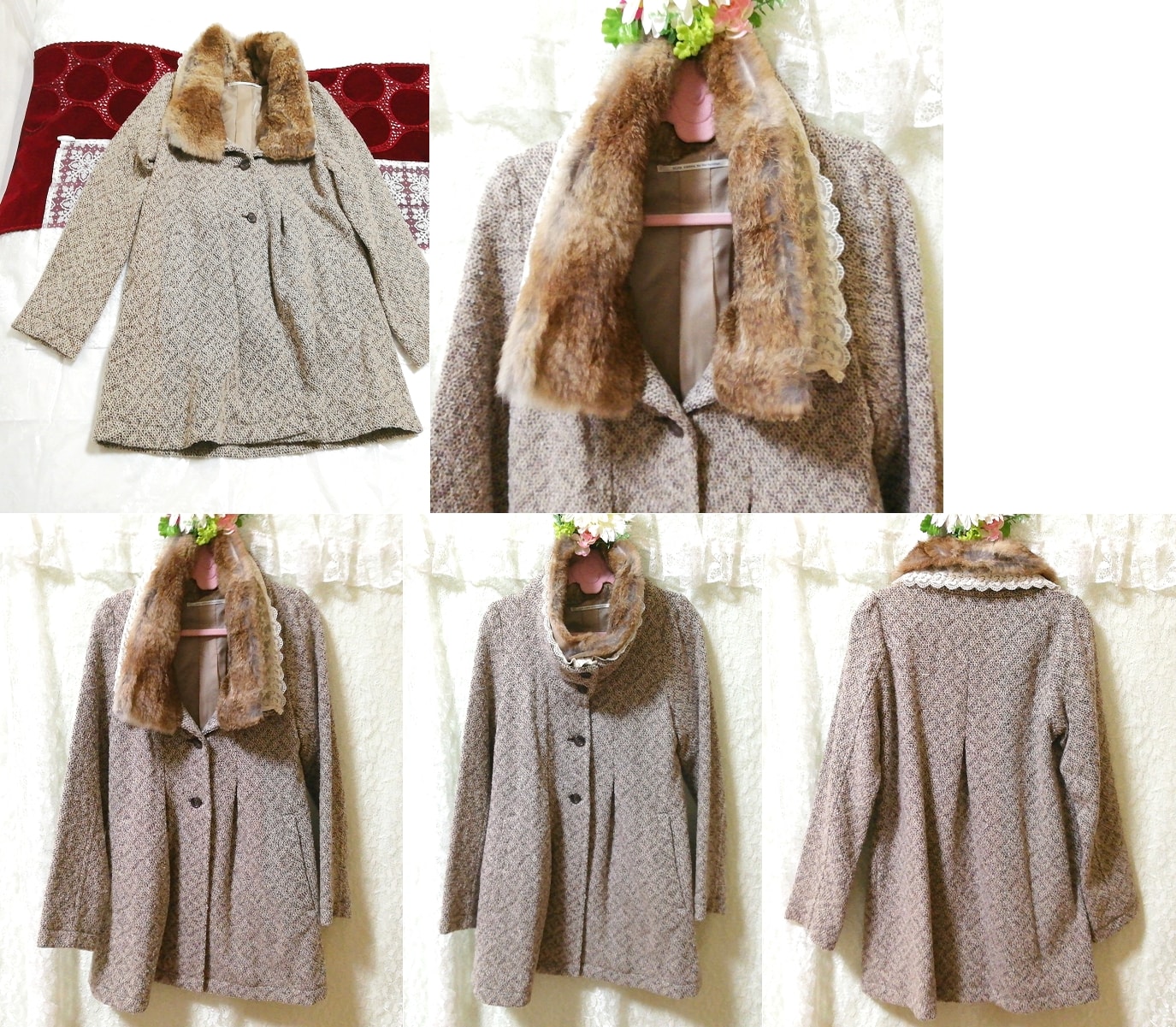 Gray rabbit fur white lace knit coat, coat, coat in general, m size