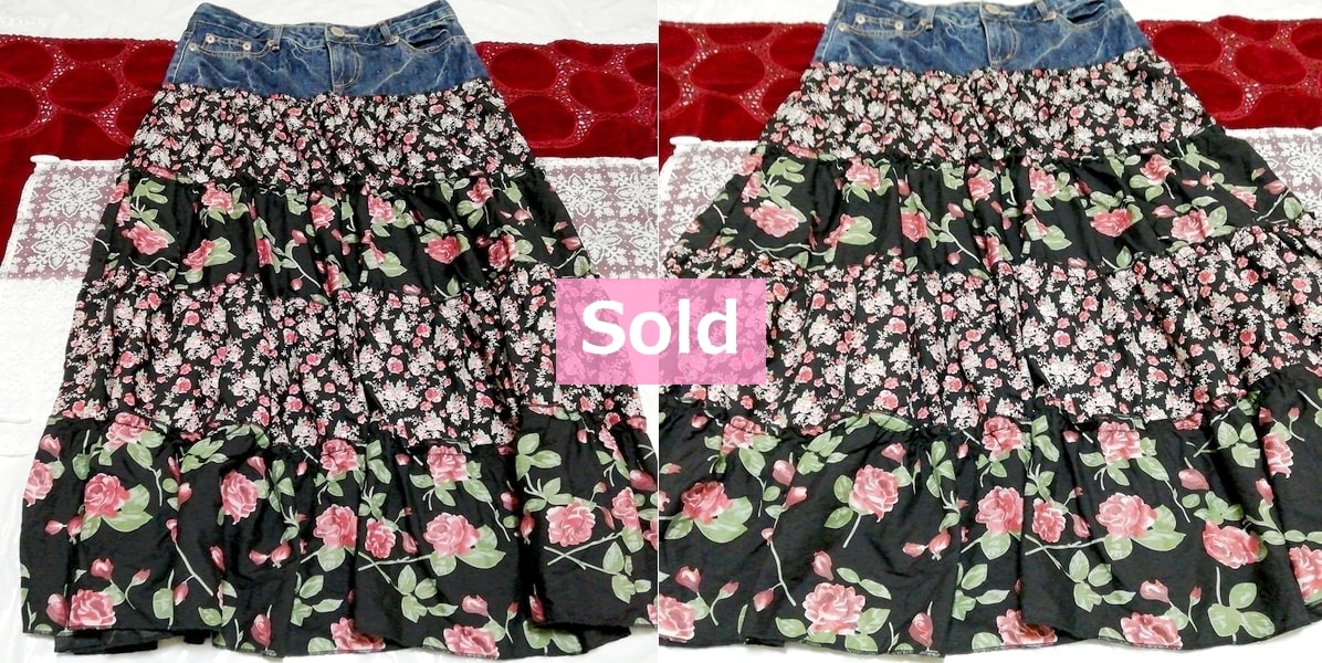 Denim floral pattern 100% cotton maxi long skirt, long skirt & flared skirt, gathered skirt & M size