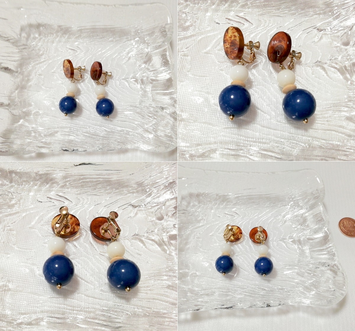 茶白青丸型3段揺れるロングイヤリング/ジュエリー/アクセサリー Brown white blue round 3-stage swaying long earrings jewelry, レディースアクセサリー, イヤリング, その他