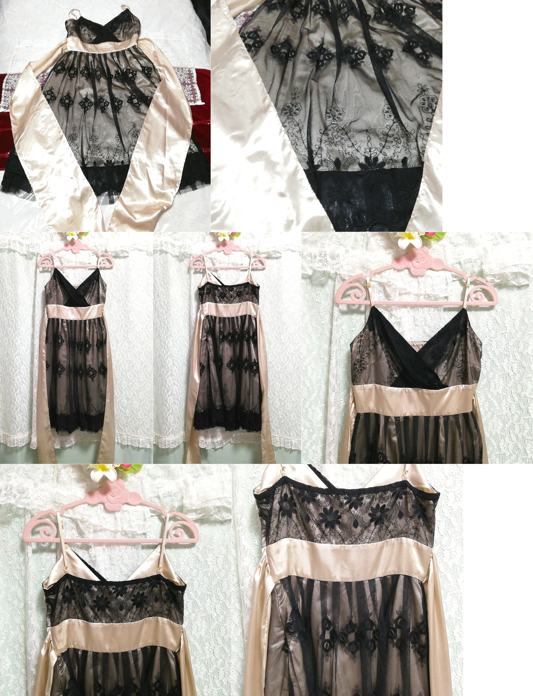 Champagne pink black lace negligee nightgown camisole dress, knee length skirt, m size