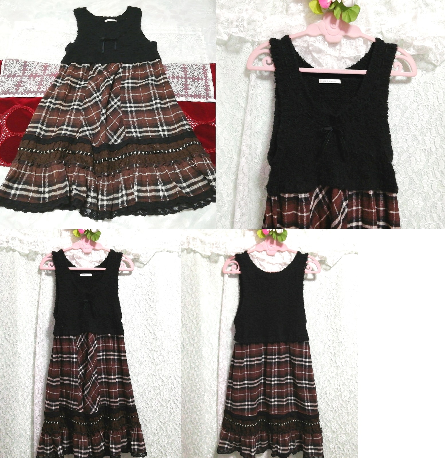 Black knit sleeveless brown plaid skirt negligee nightgown, tunic, sleeveless, sleeveless, m size