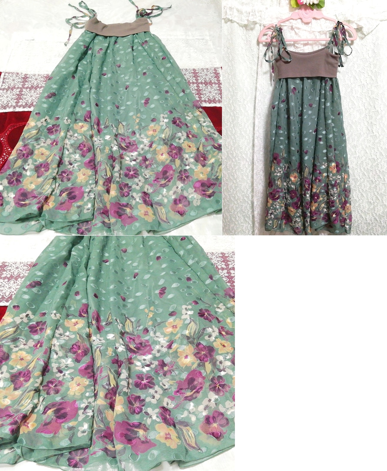 그린 퍼플 플로럴 패턴 니트 가슴 시폰 스커트 네글리제 나이트가운 캐미솔 드레스, 패션, 숙녀 패션, 캐미솔
